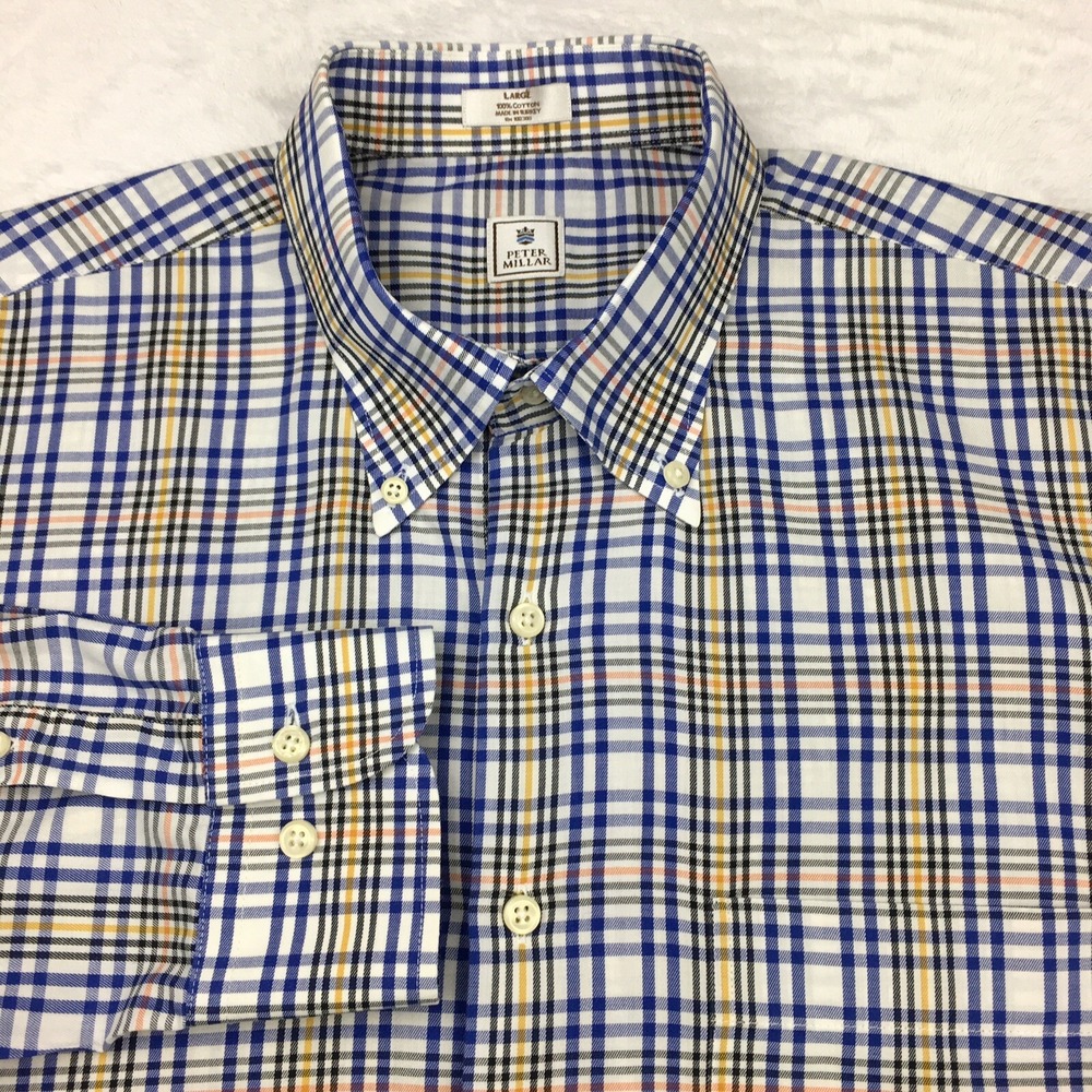 Peter Millar Dress Shirt Mens Large Multi-Color Check Long Sleeves